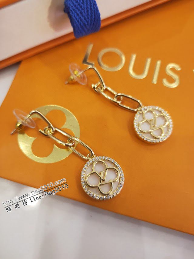 Louis Vuitton新款飾品 路易威登時尚微鑲晶鑽白貝母流蘇logo字母耳釘 LV雙環鏈條四葉草耳環  zglv2241